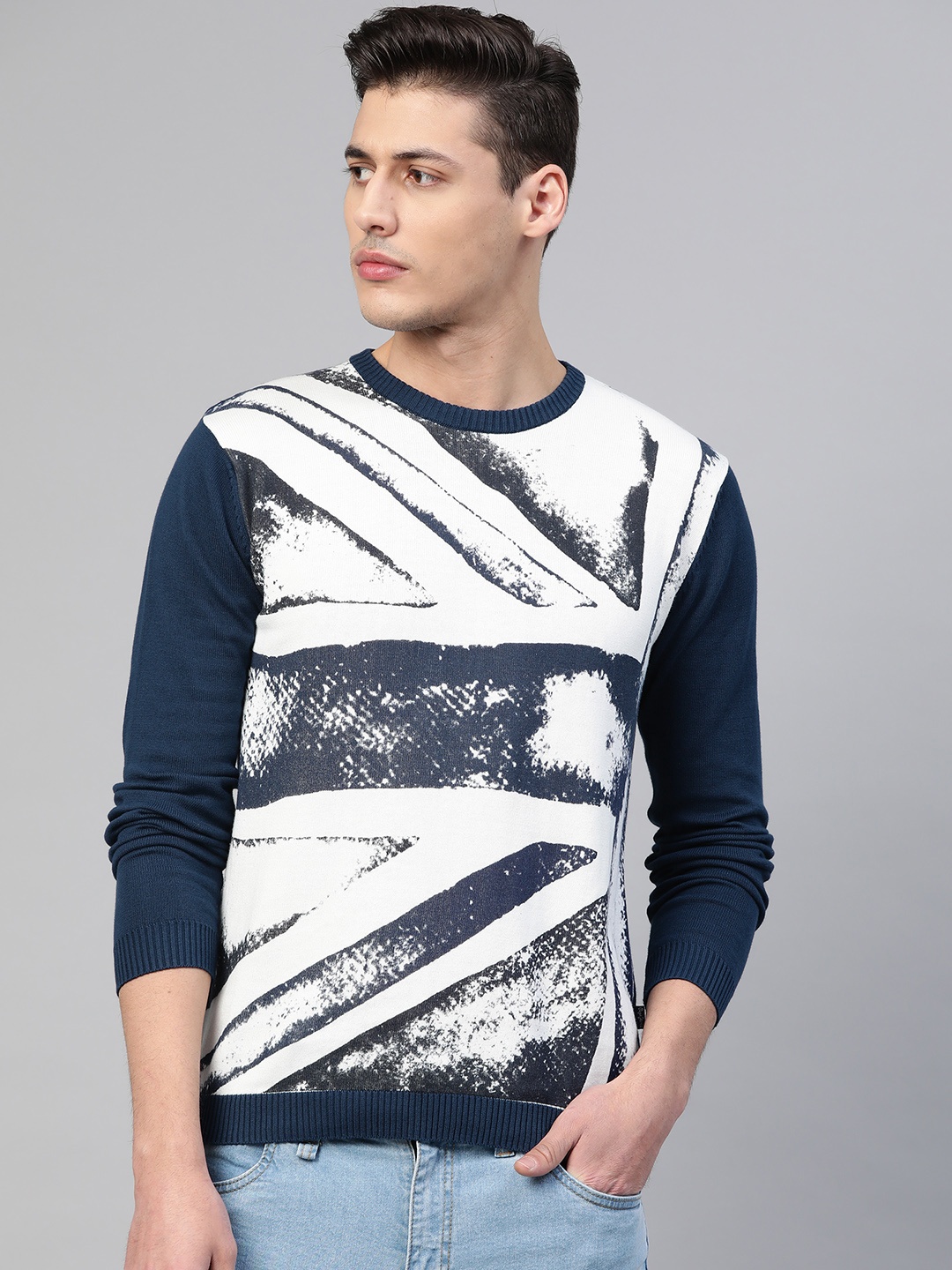 

Pepe Jeans Men Navy Blue & White Pure Cotton Printed Knitted Pullover Sweater