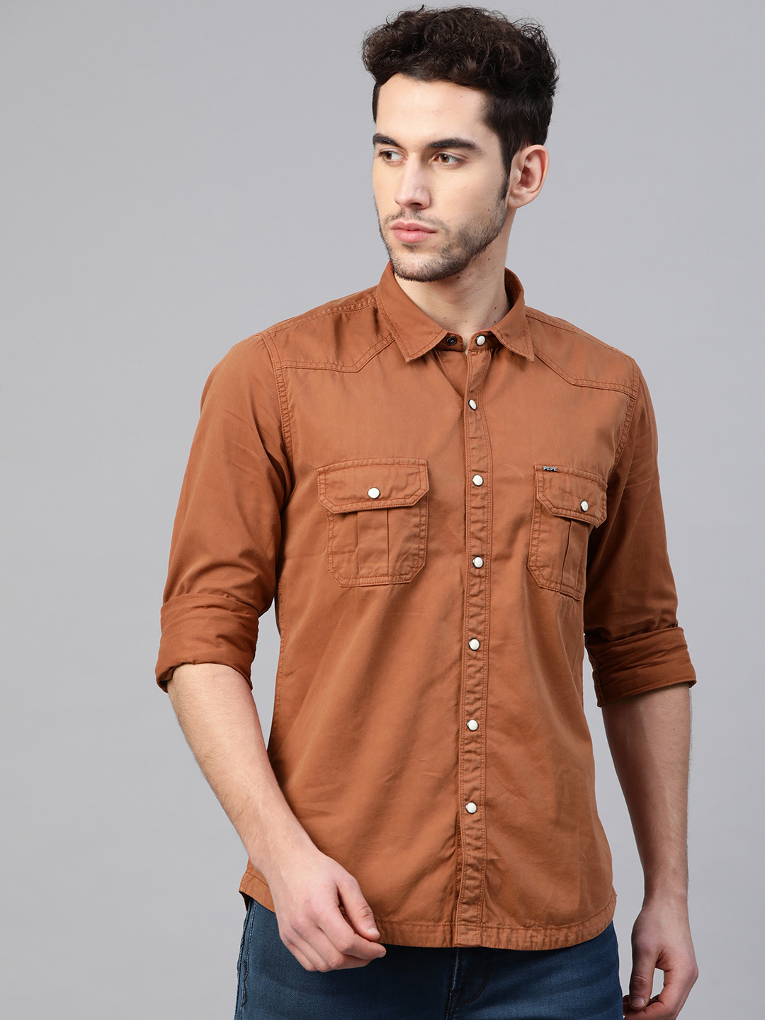 

Pepe Jeans Men Rust Brown Regular Fit Solid Casual Shirt