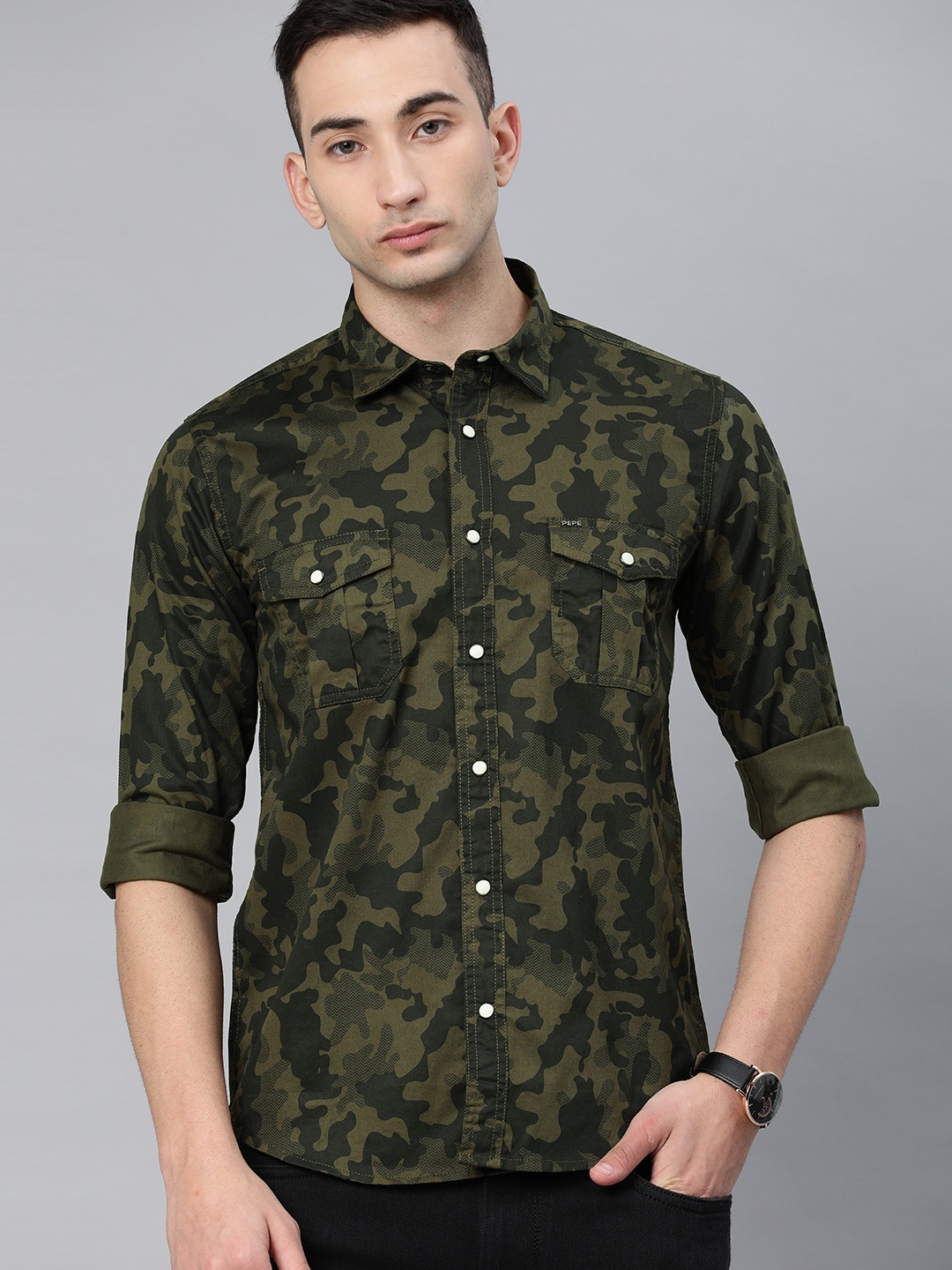 

Pepe Jeans Men Olive Green Regular Fit Camo Printed Casual Shirt