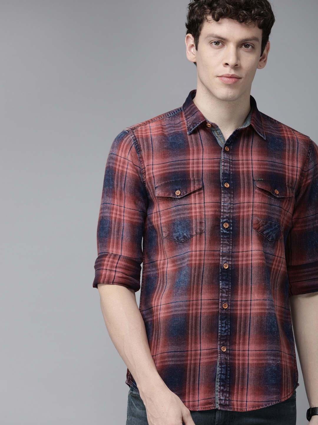 

Pepe Jeans Men Maroon & Navy Cotton Regular Fit Checked Casual Shirt with Washed Effect