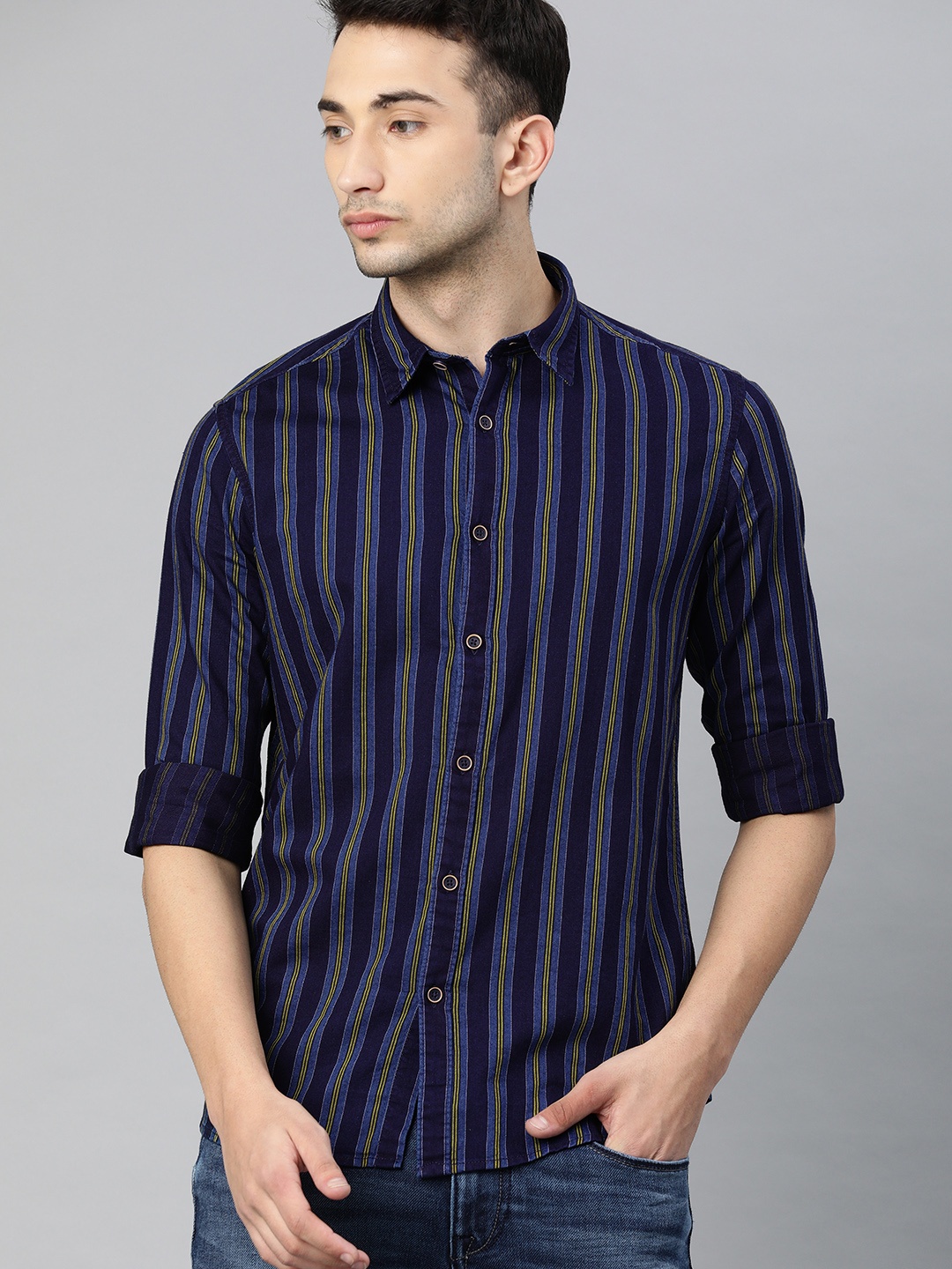 

Pepe Jeans Men Navy Blue & Yellow Regular Fit Striped Casual Shirt