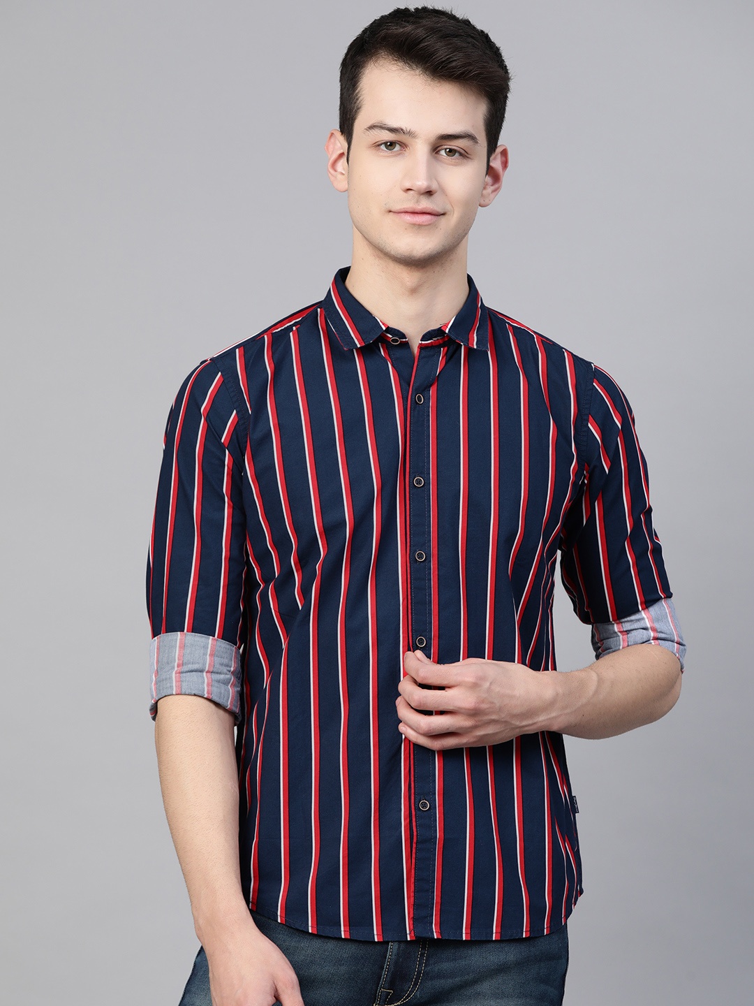 

Pepe Jeans Men Navy Blue & Red Regular Fit Striped Casual Shirt