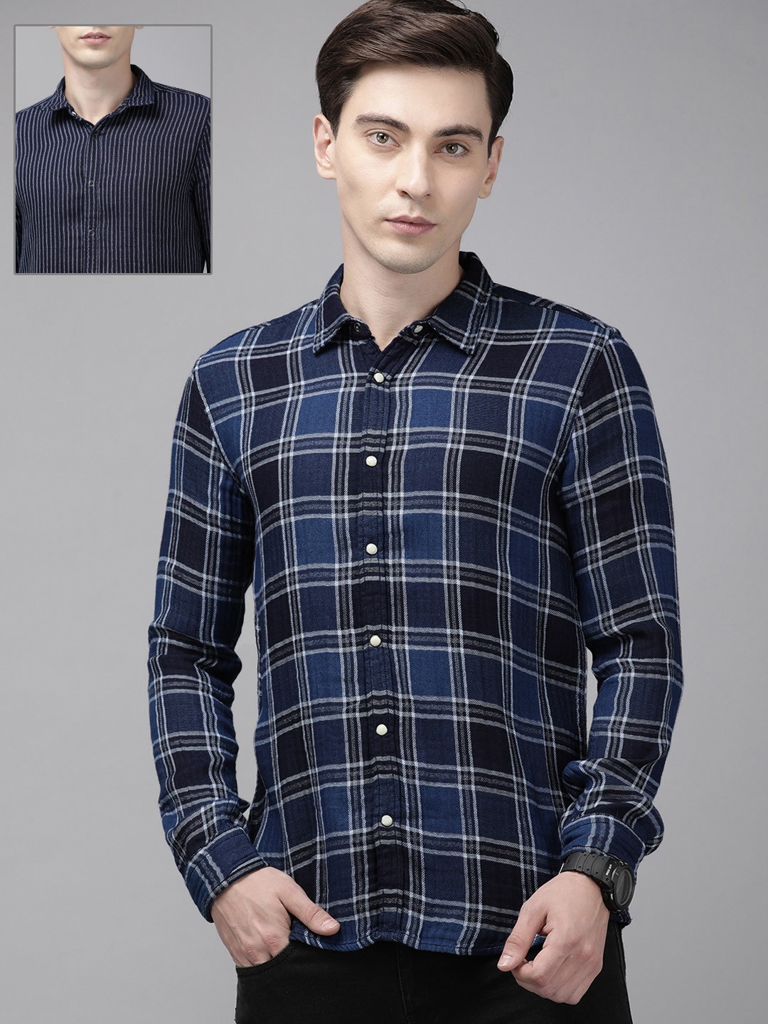 

Pepe Jeans Men Navy Blue & White Checked Casual Pure Cotton Reversible Shirt