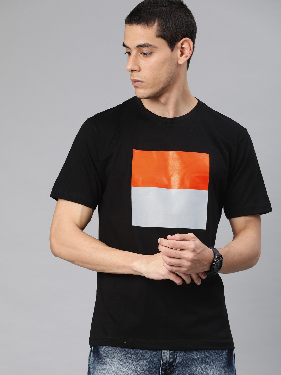 

BE AWARA Men Black Orange Colourblocked Round Neck Pure Cotton T-shirt