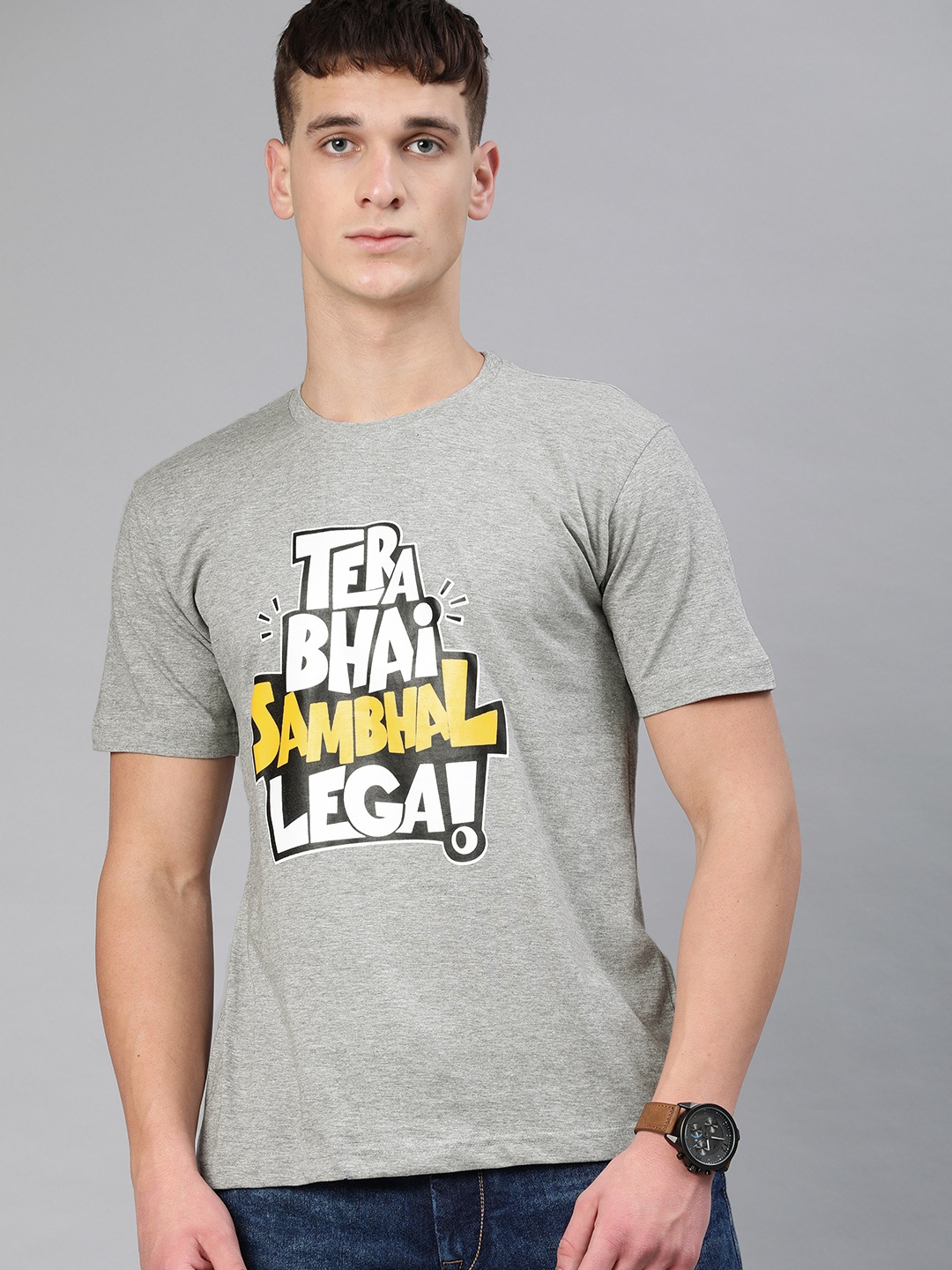 

BE AWARA Men Grey Melange Printed Round Neck Pure Cotton T-shirt