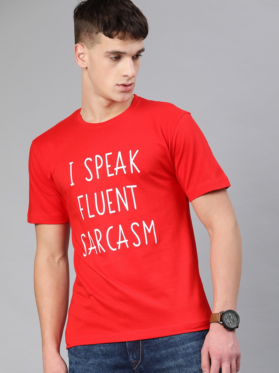 

BE AWARA Men Red White Printed Round Neck Pure Cotton T-shirt