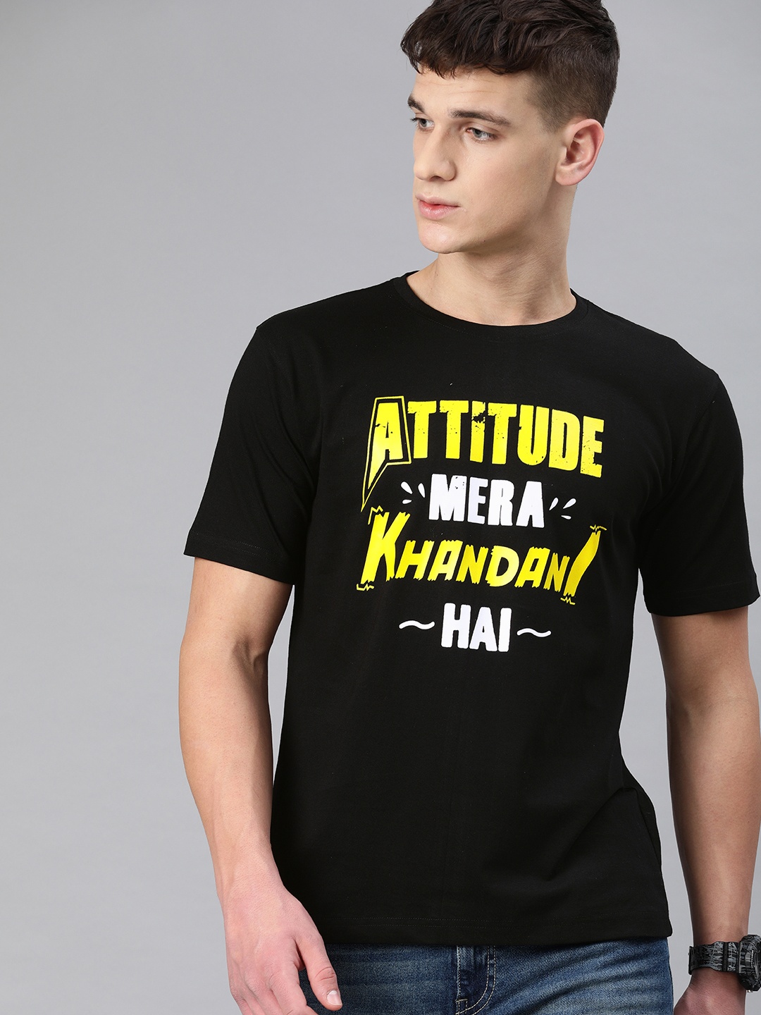 

BE AWARA Men Black Printed Round Neck Pure Cotton T-shirt