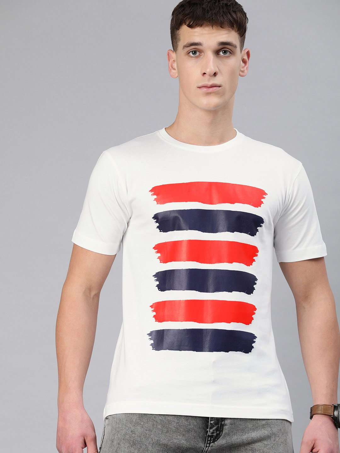 

BE AWARA Men White Printed Round Neck T-shirt