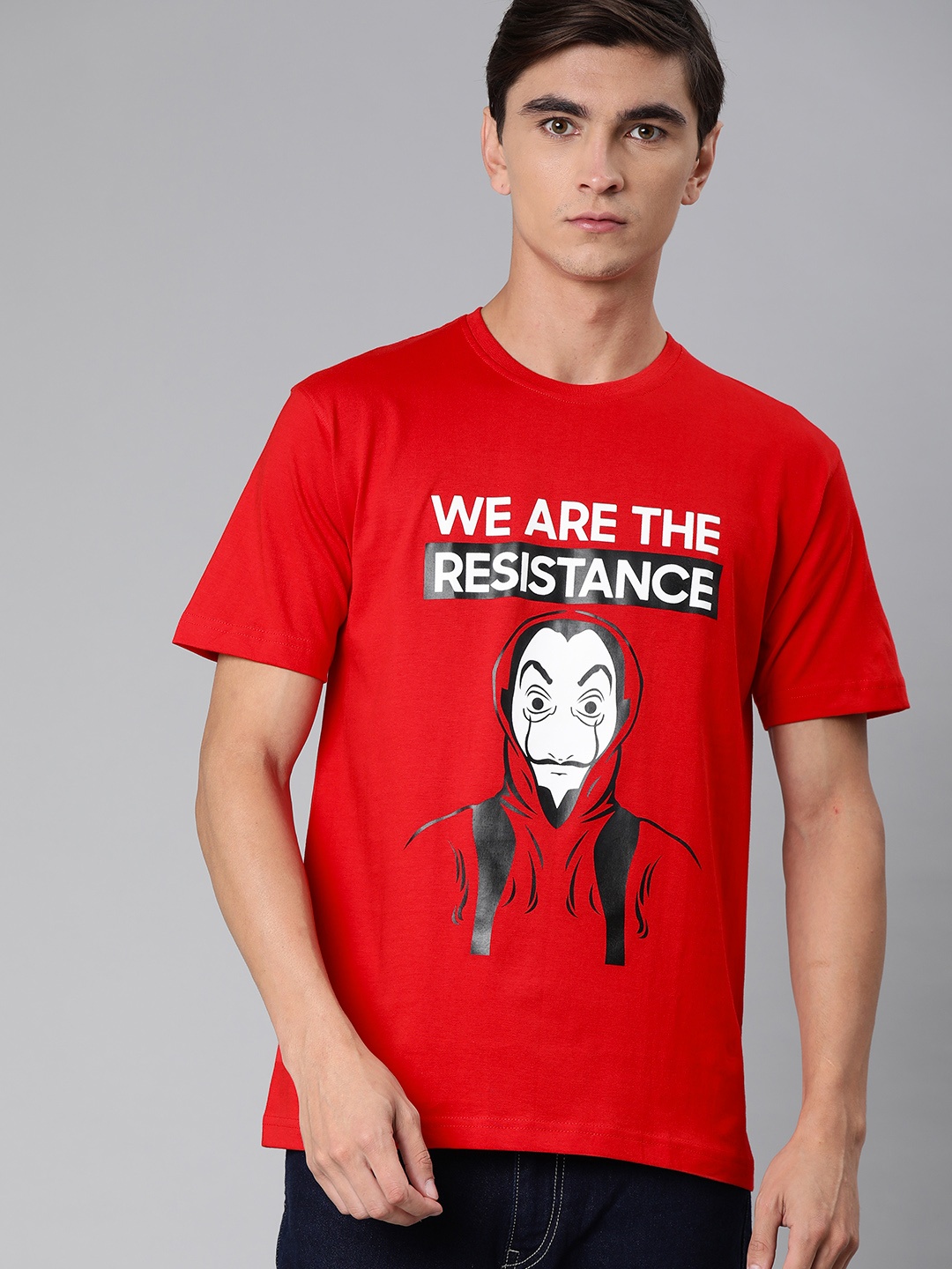 

BE AWARA Men Red Printed Round Neck Pure Cotton T-shirt