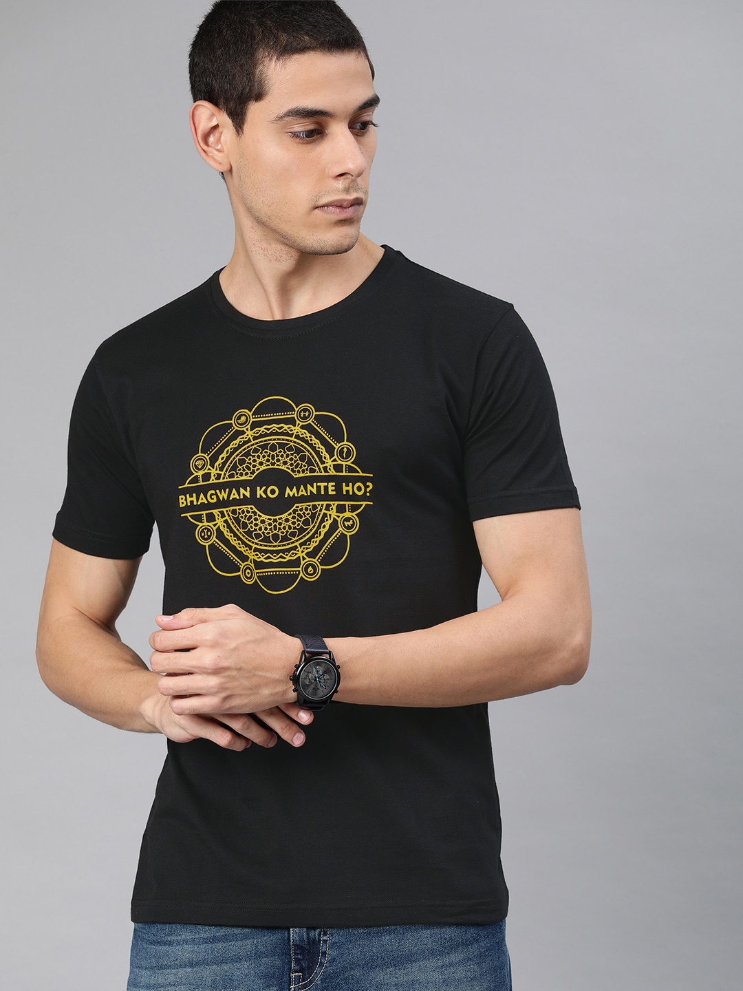 

BE AWARA Men Black Printed Round Neck T-shirt