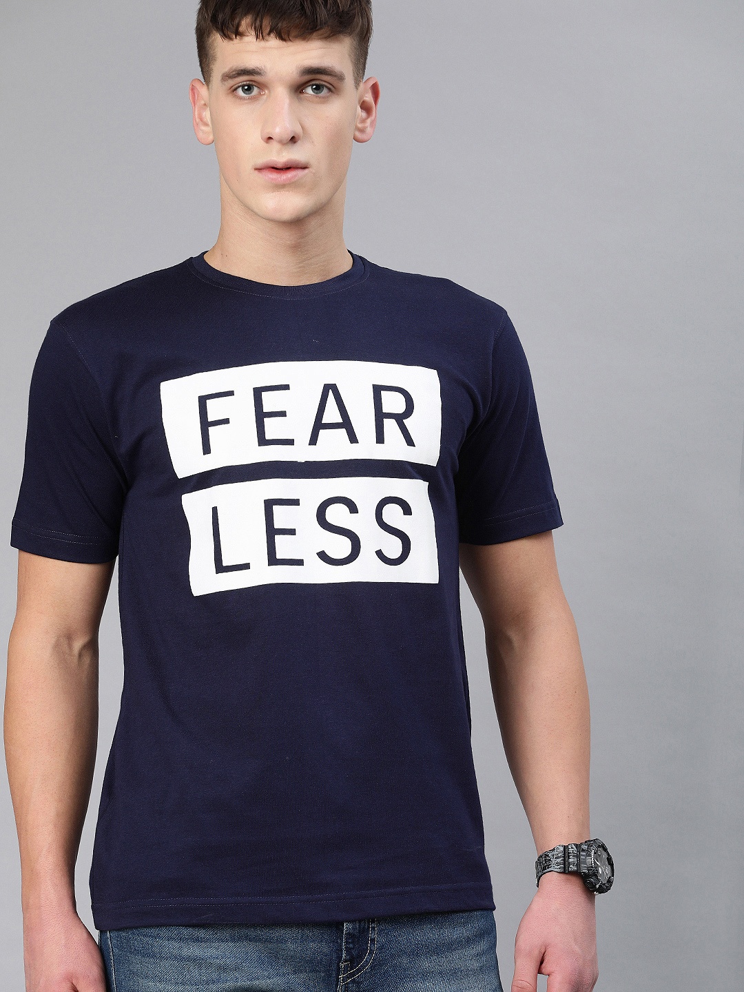 

BE AWARA Men Navy Blue Printed Round Neck Pure Cotton T-shirt