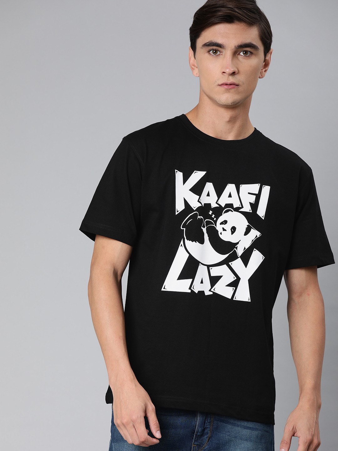 

BE AWARA Men Black Printed Round Neck Pure Cotton T-shirt