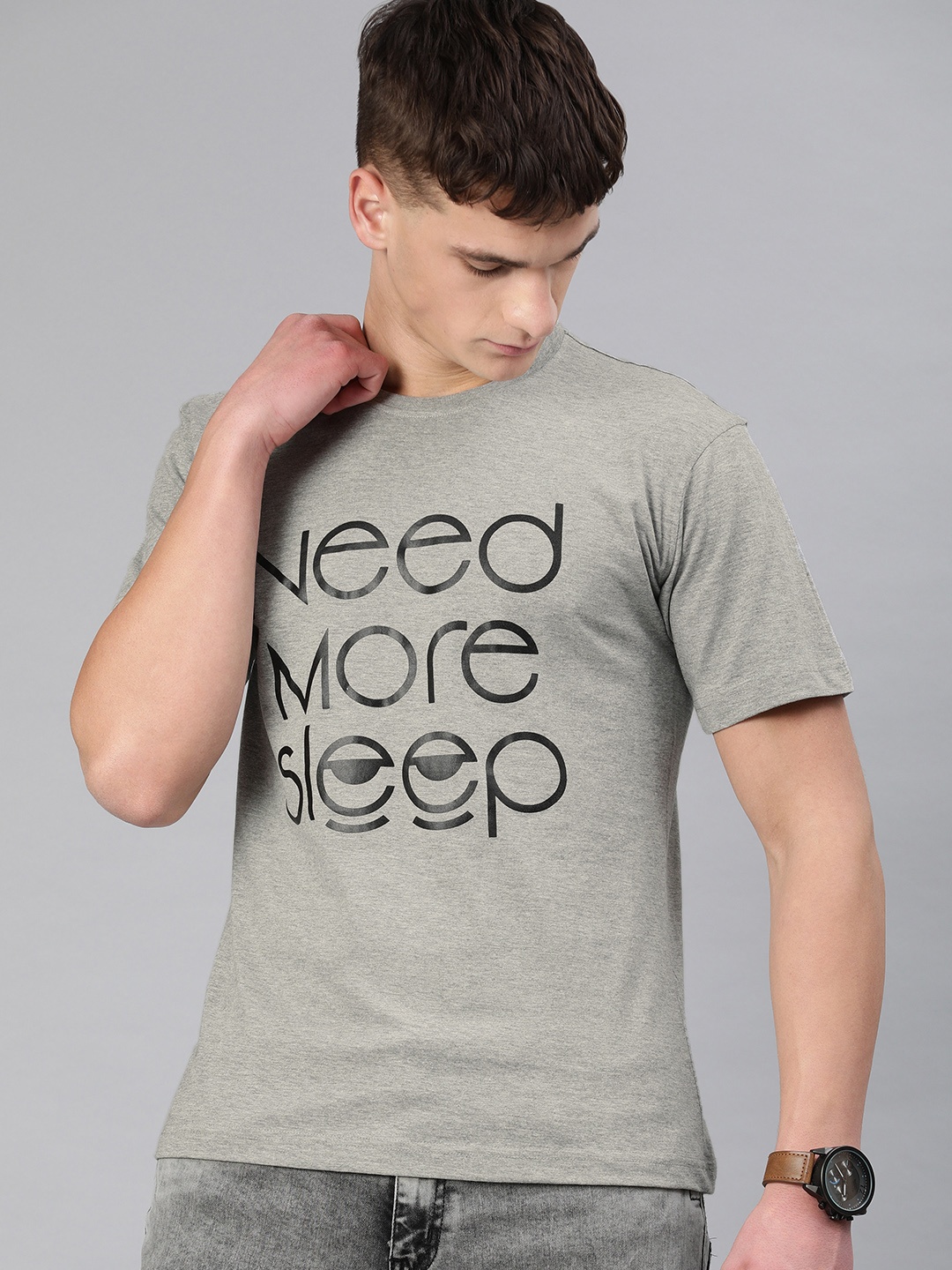 

BE AWARA Men Grey Melange Printed Round Neck T-shirt