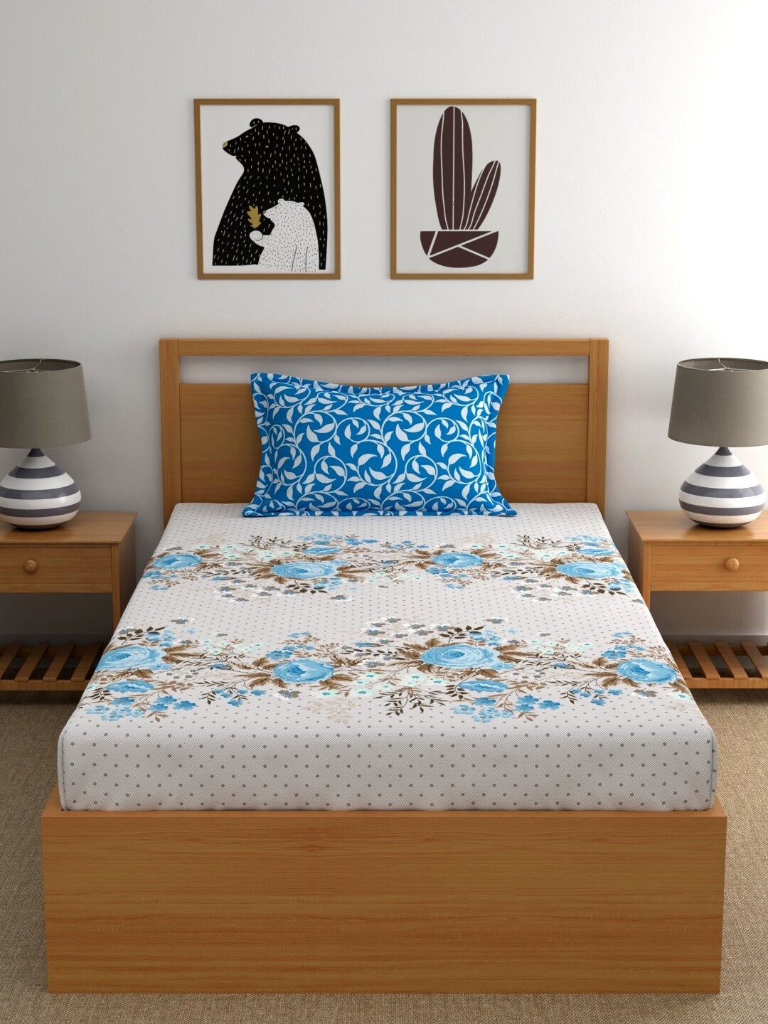 

Dreamscape Blue White Floral 180 TC Cotton 1 Single Bedsheet with 1 Pillow Covers