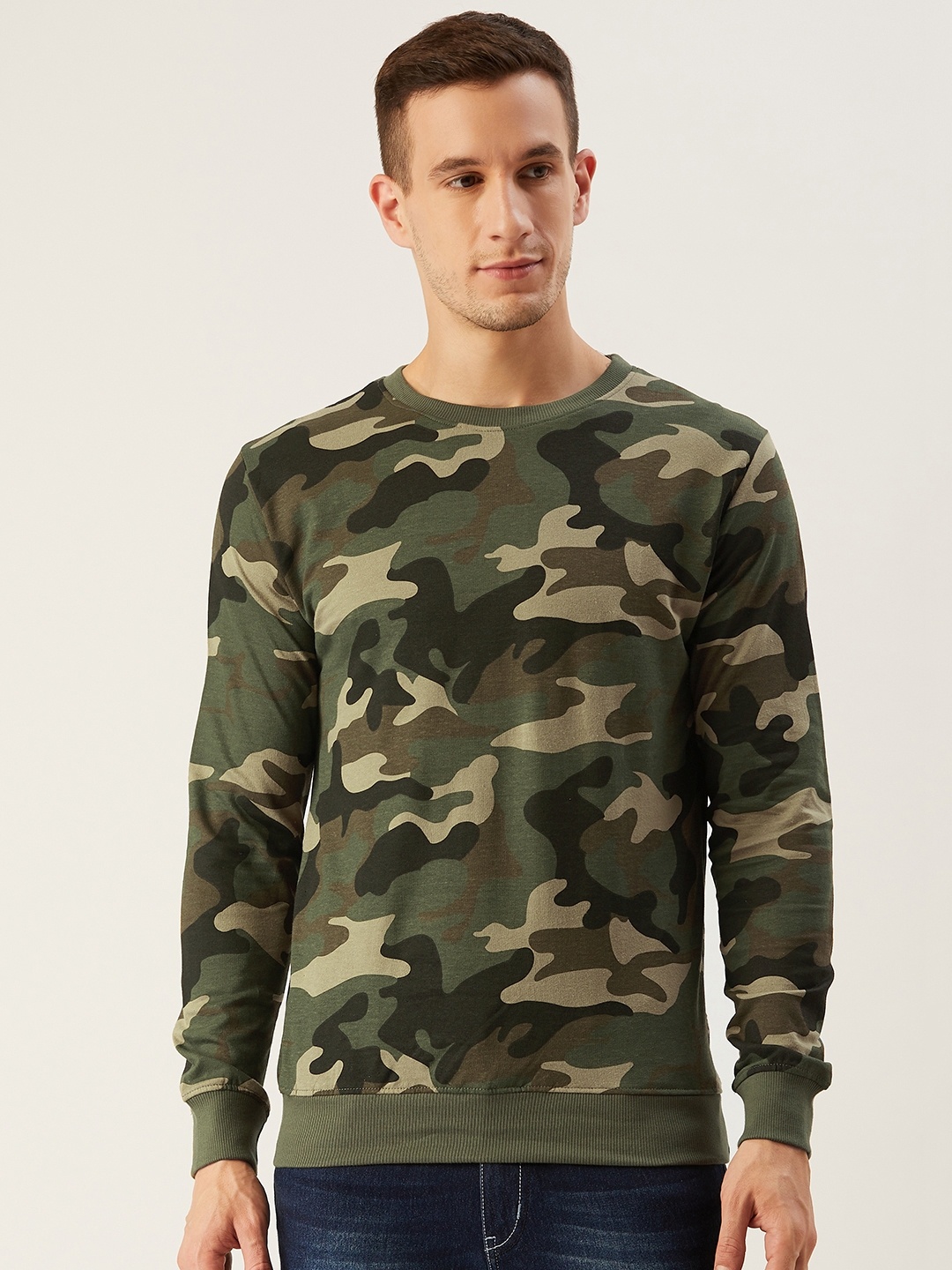

Rodzen Men Olive Green & Beige Camouflage Print Sweatshirt