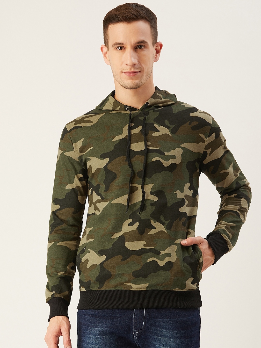 

Rodzen Men Olive Green & Beige Camouflage Print Hooded Sweatshirt