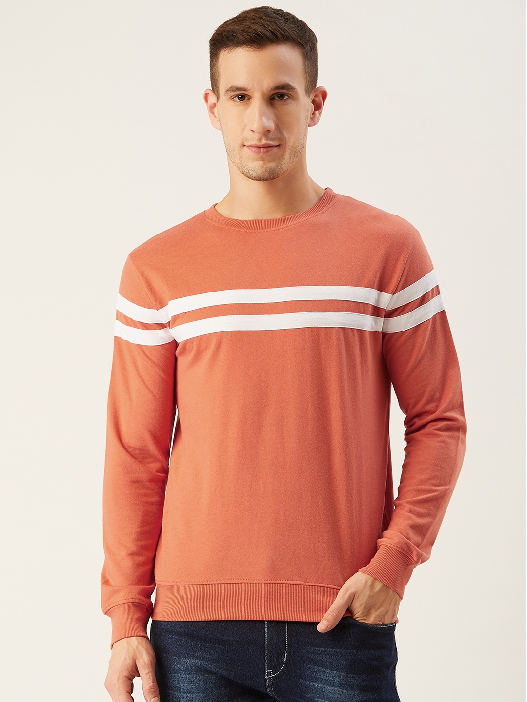 

Rodzen Men Peach-Coloured & White Striped Sweatshirt