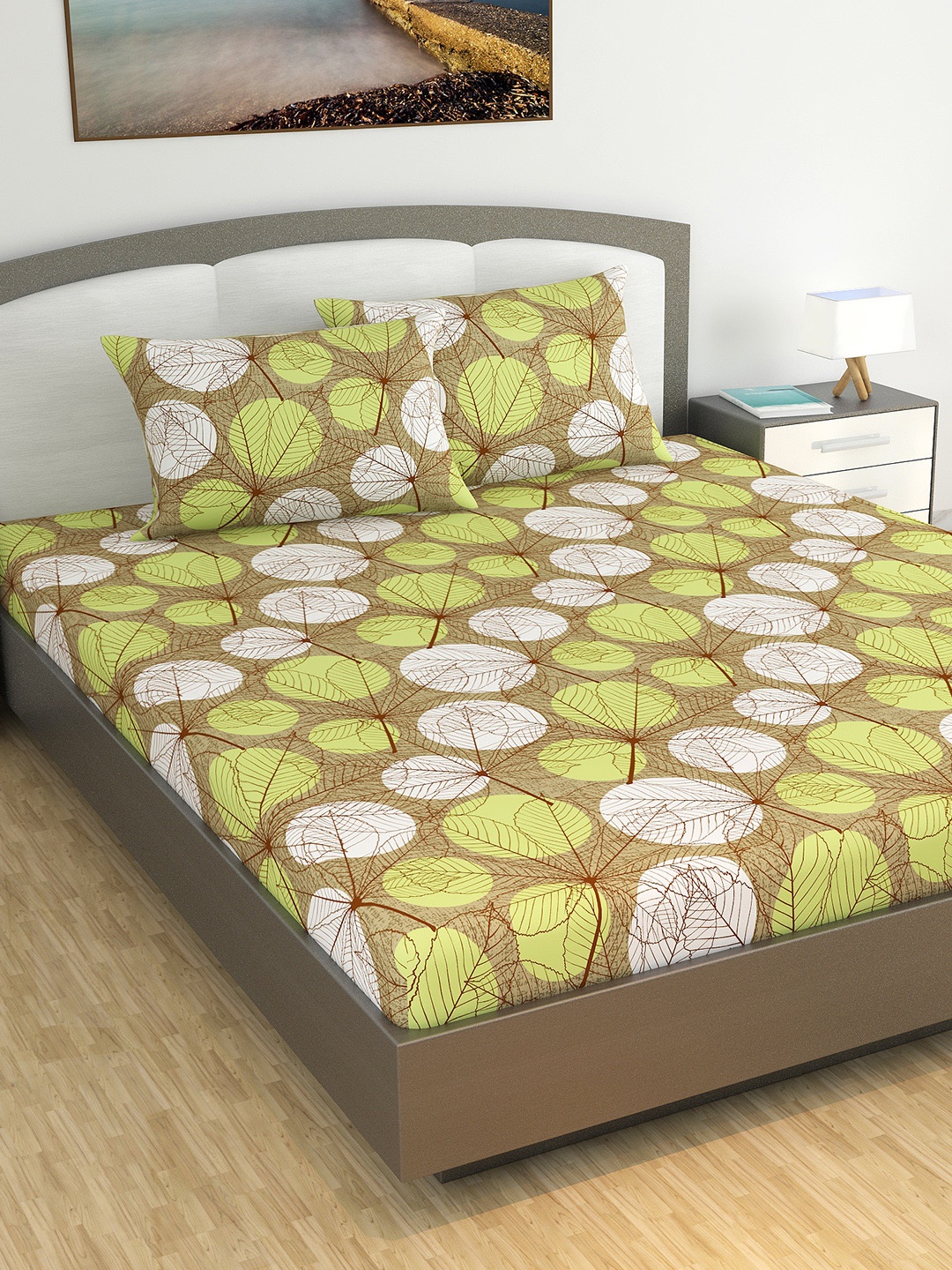 

Divine Casa Green & Brown Floral 120 TC Cotton 1 King Bedsheet with 2 Pillow Covers