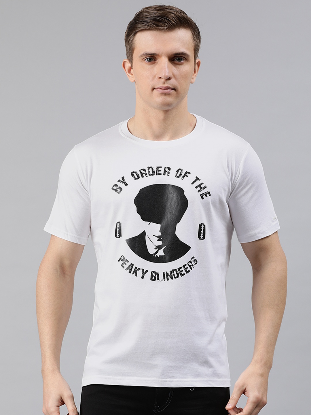 

BRATMA Men White Printed Round Neck Pure Cotton T-shirt