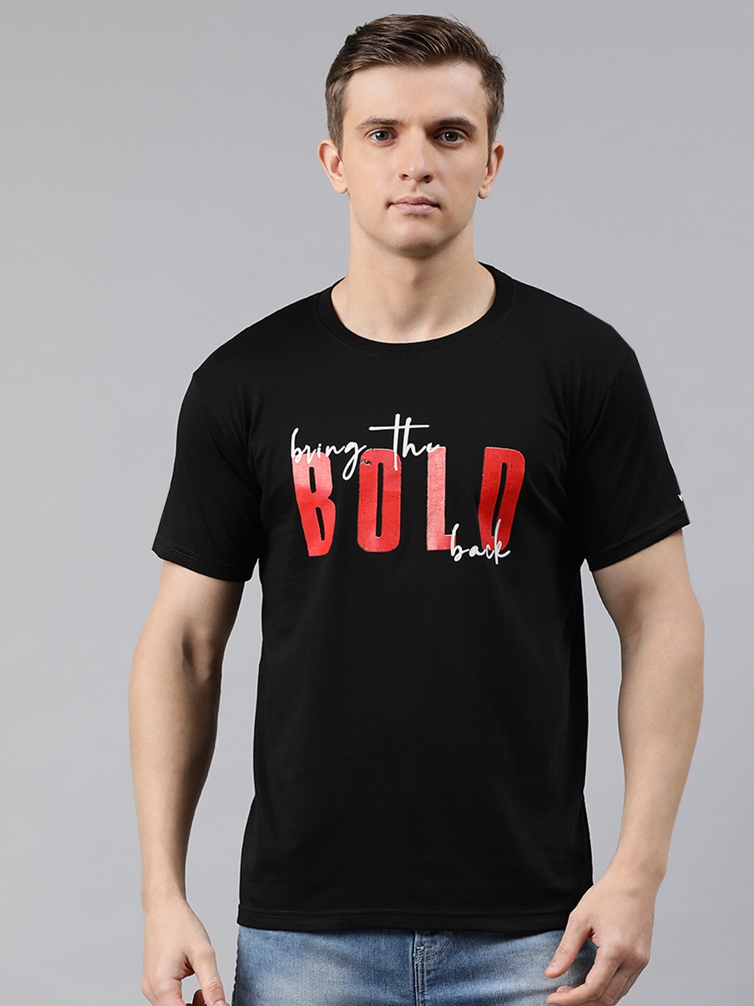 

BRATMA Men Black Printed Round Neck Pure Cotton T-shirt