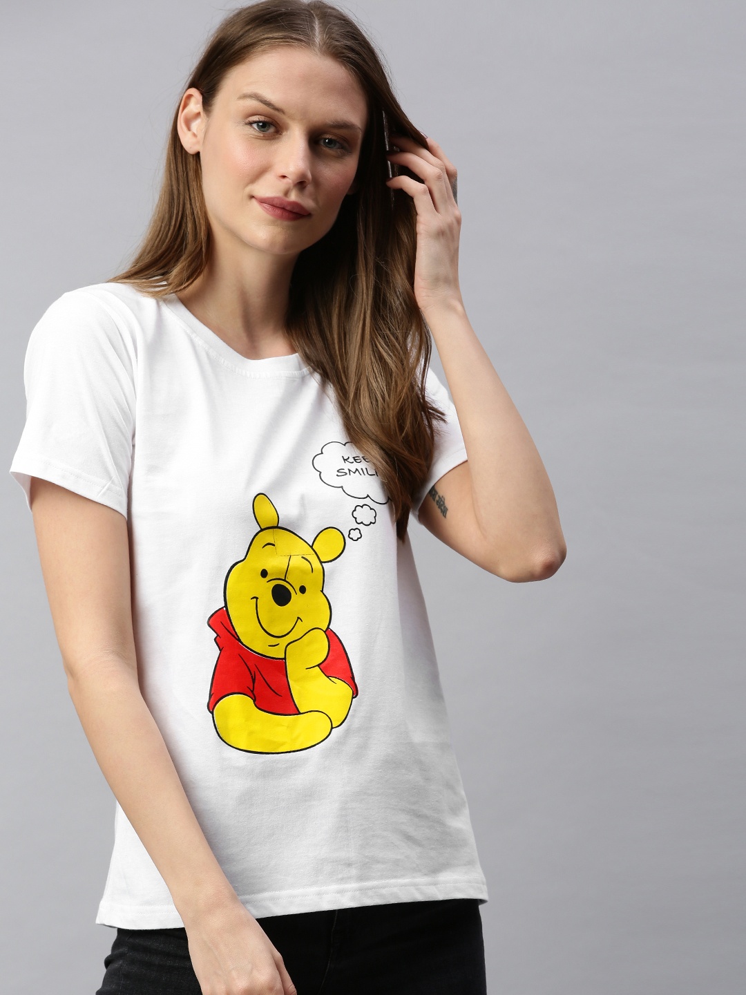 

BRATMA Women White Winnie The Pooh Printed Round Neck Pure Cotton T-shirt