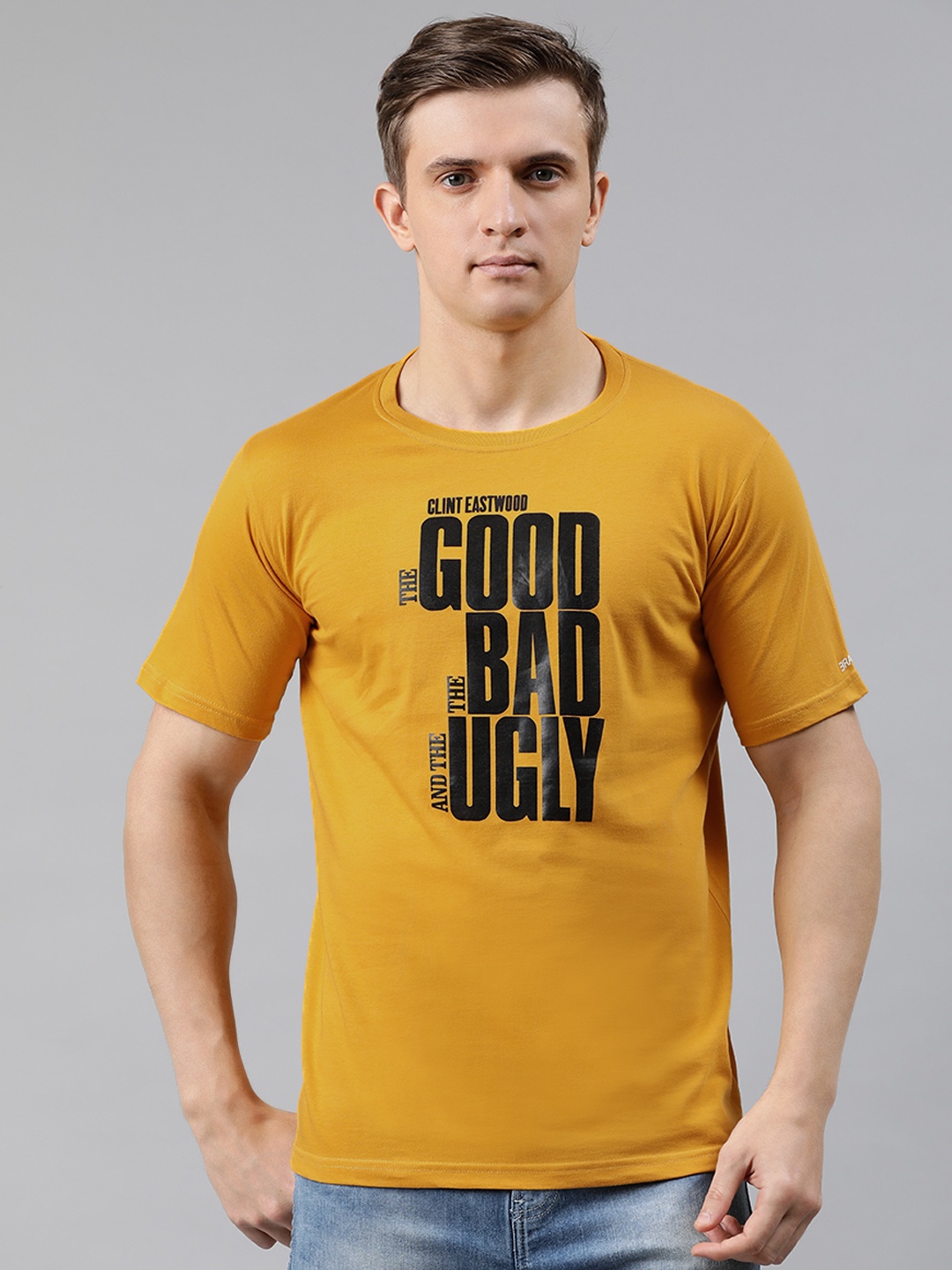 

BRATMA Men Mustard Yellow Printed Round Neck T-shirt
