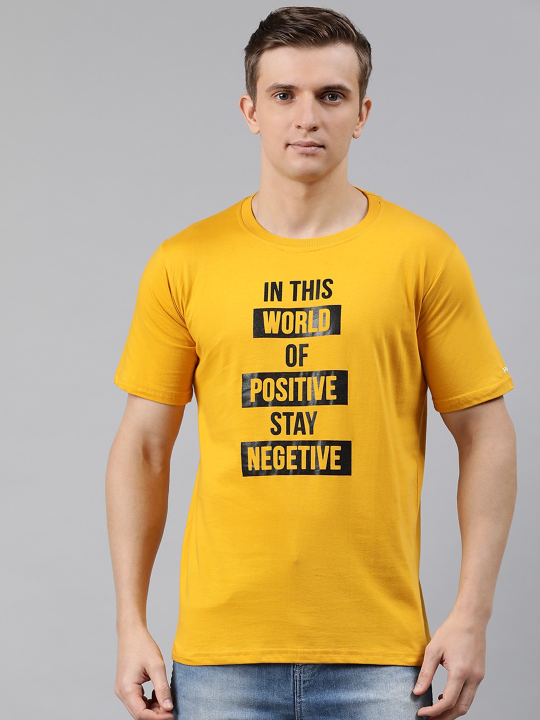 

BRATMA Men Mustard Yellow Printed Round Neck Pure Cotton T-shirt