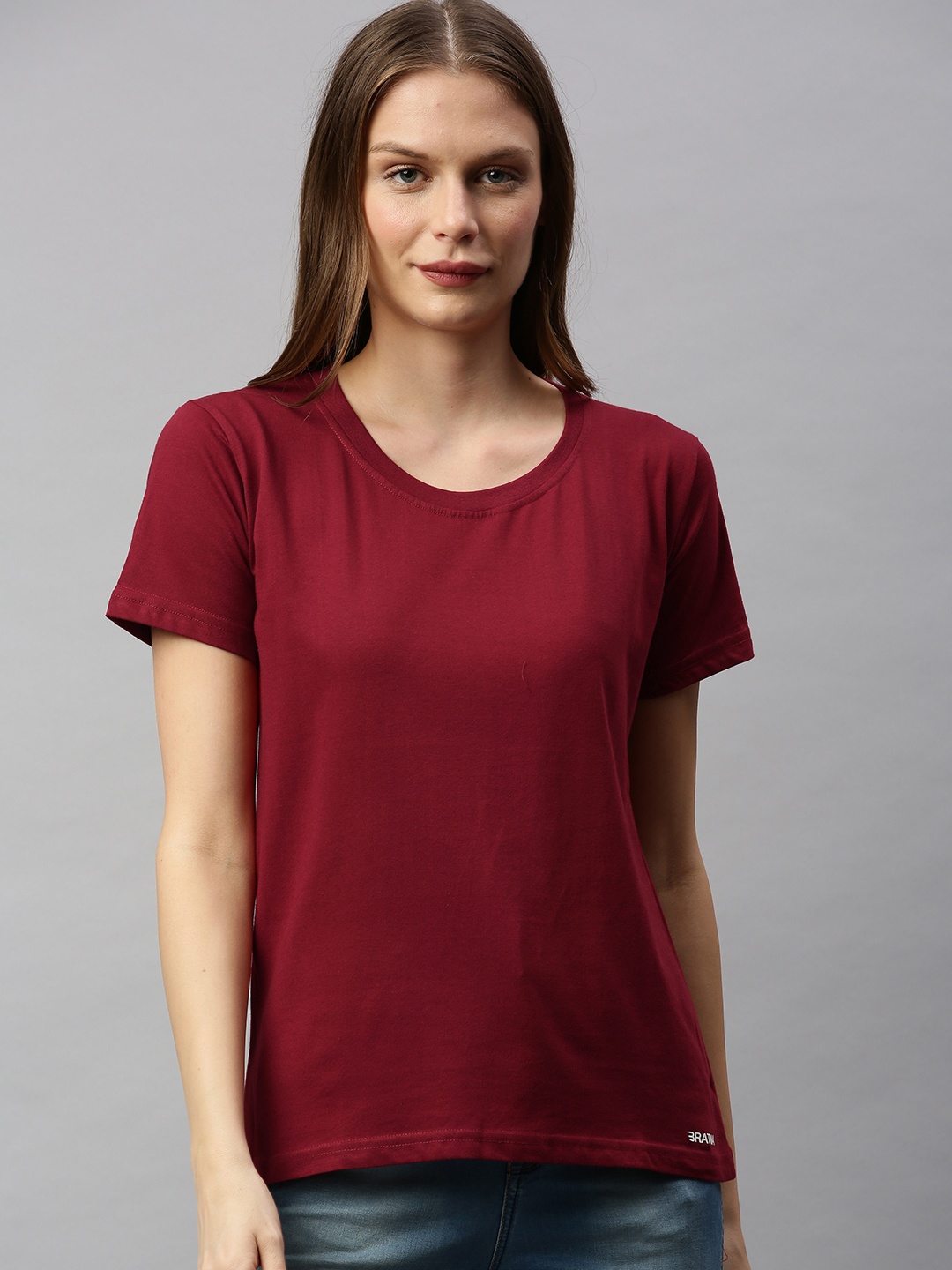 

BRATMA Women Maroon Solid Round Neck T-shirt