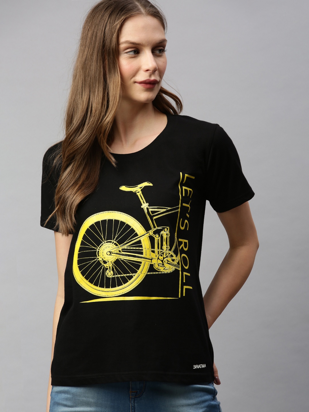 

BRATMA Women Black Printed Round Neck Pure Cotton T-shirt