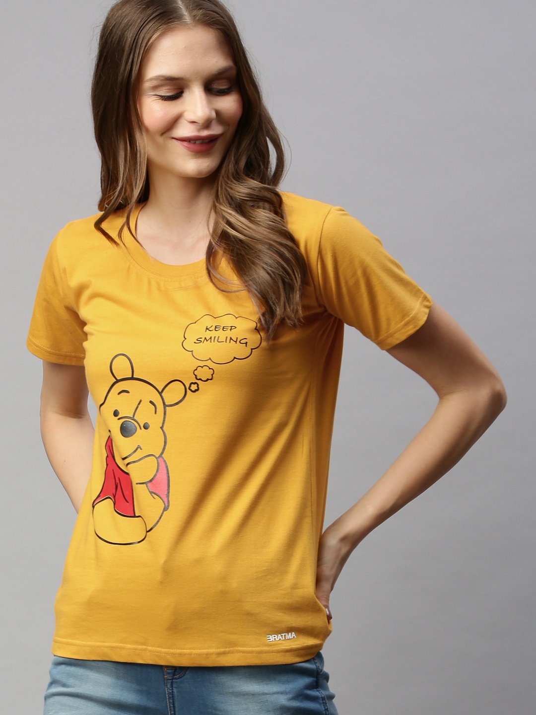 

BRATMA Women Mustard Yellow Printed Round Neck Pure Cotton T-shirt