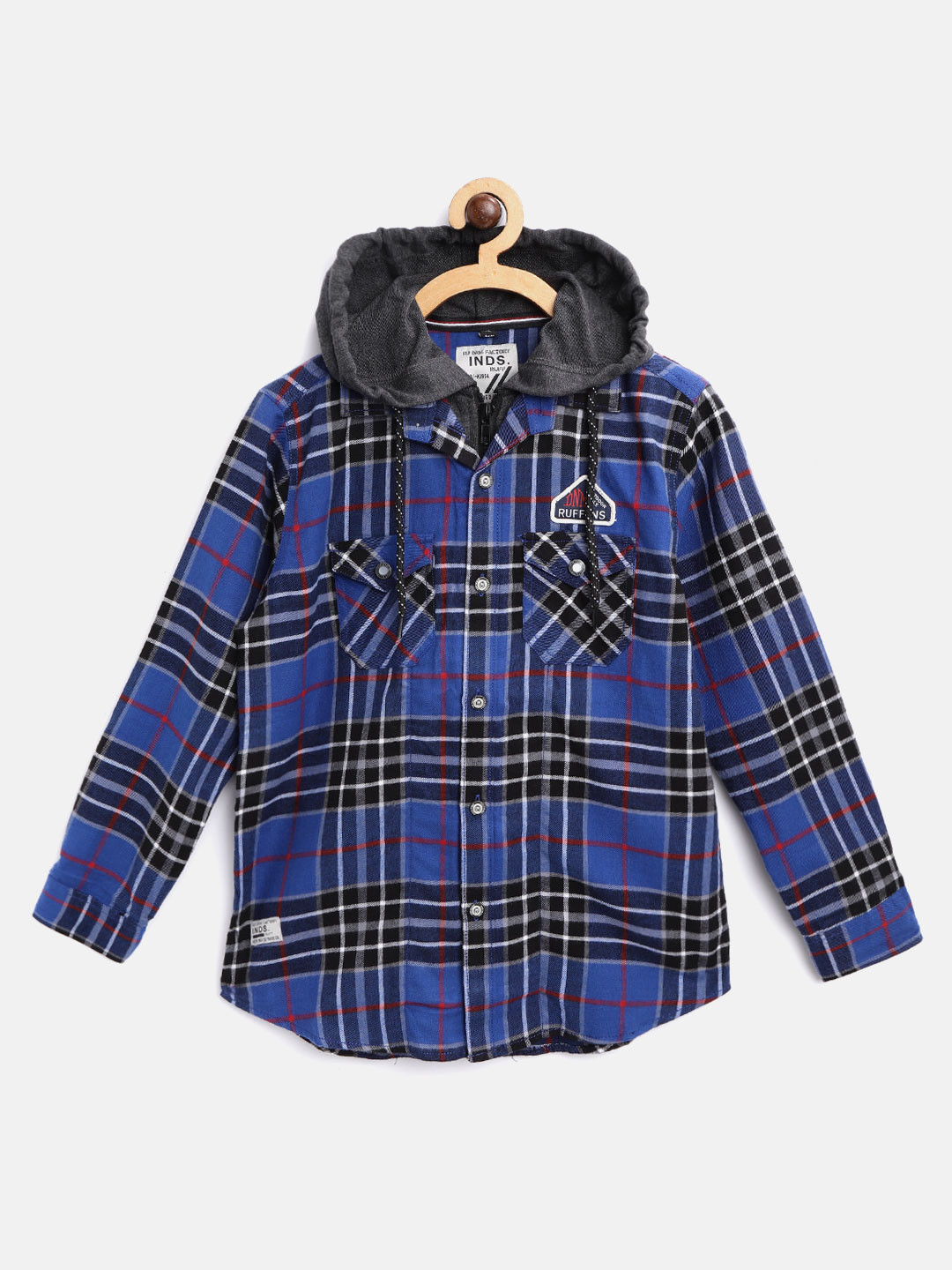 

RUFF Boys Navy Blue & Black Slim Fit Checked Hooded Casual Shirt