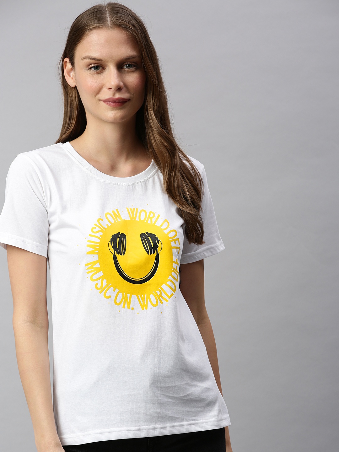 

BRATMA Women White & Yellow Printed Round Neck T-shirt