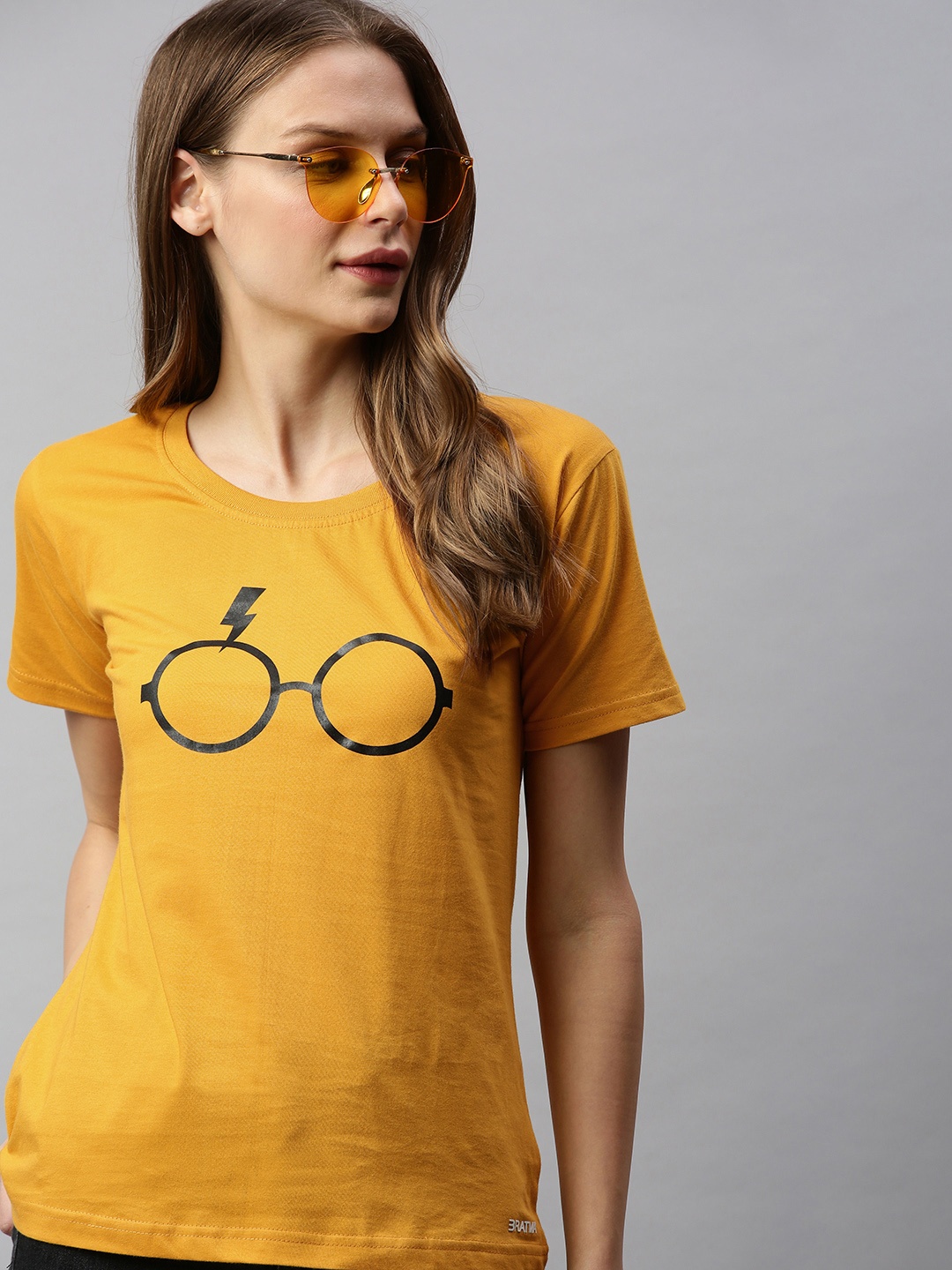 

BRATMA Women Mustard Yellow Harry Potter Printed Round Neck Pure Cotton T-shirt