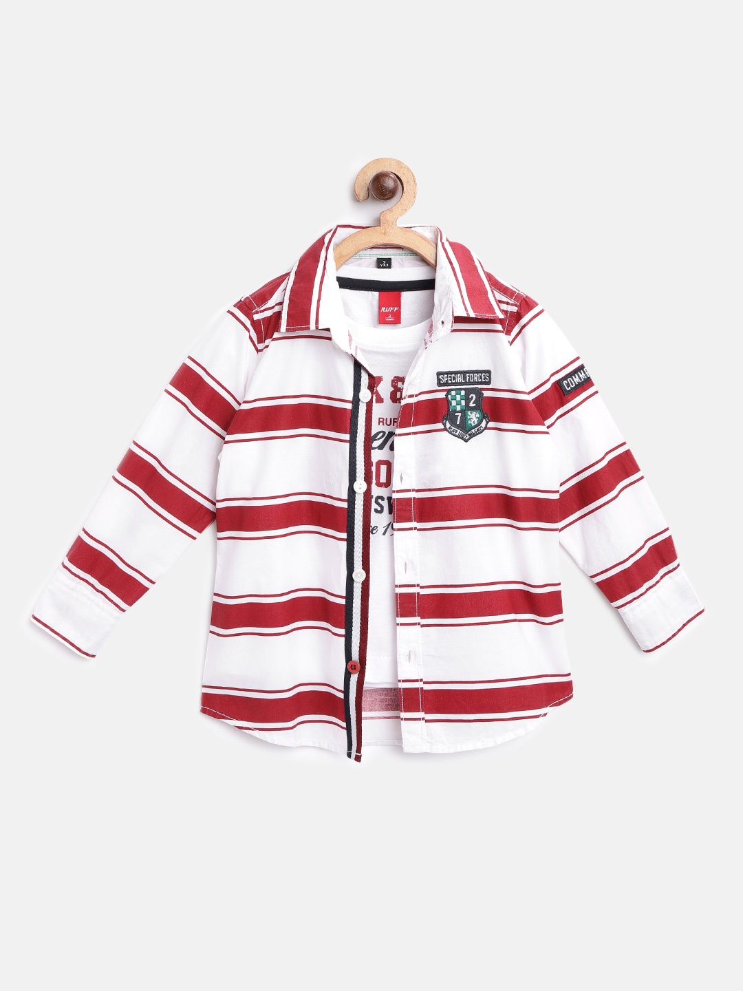 

RUFF Boys White & Maroon Slim Fit Striped Casual Shirt with T-shirt