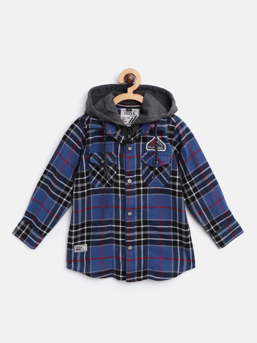

RUFF Boys Navy Blue & Black Slim Fit Checked Hooded Casual Shirt