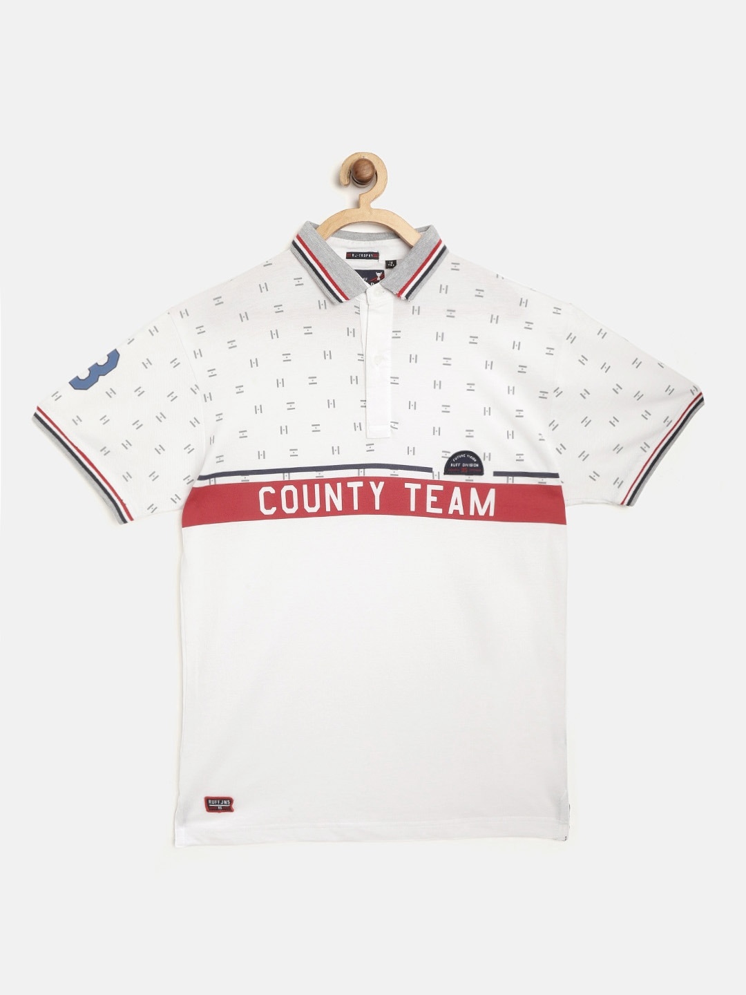 

RUFF Boys White & Grey Printed Polo Collar T-shirt