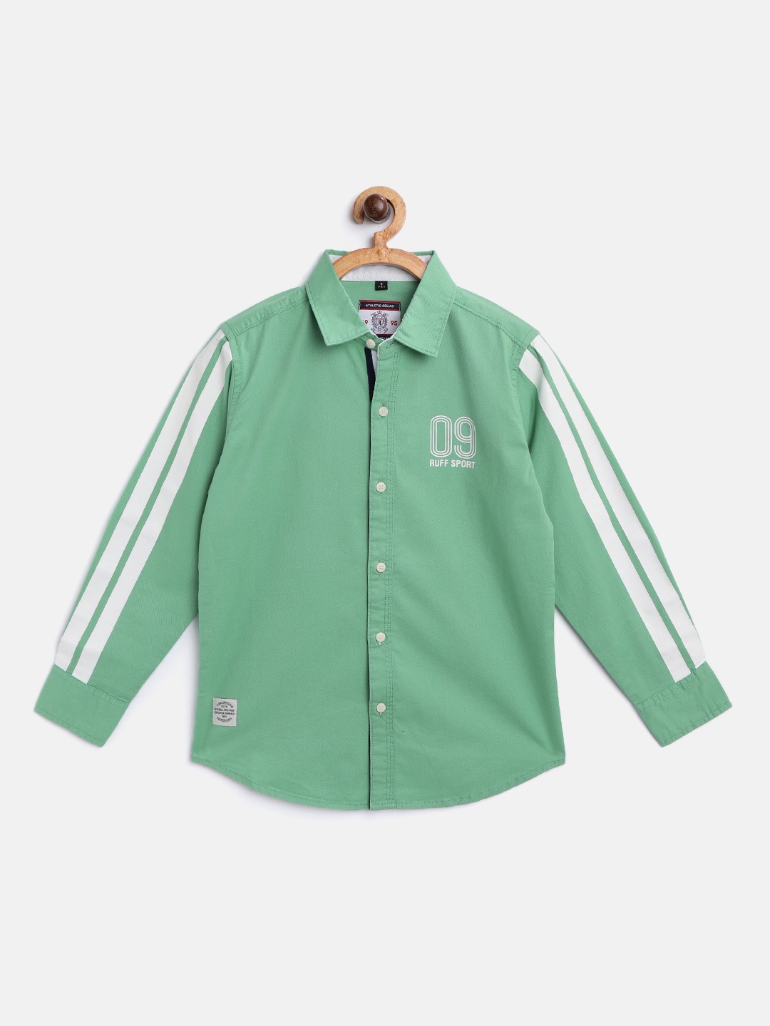 

RUFF Boys Green & White Slim Fit Solid Casual Shirt