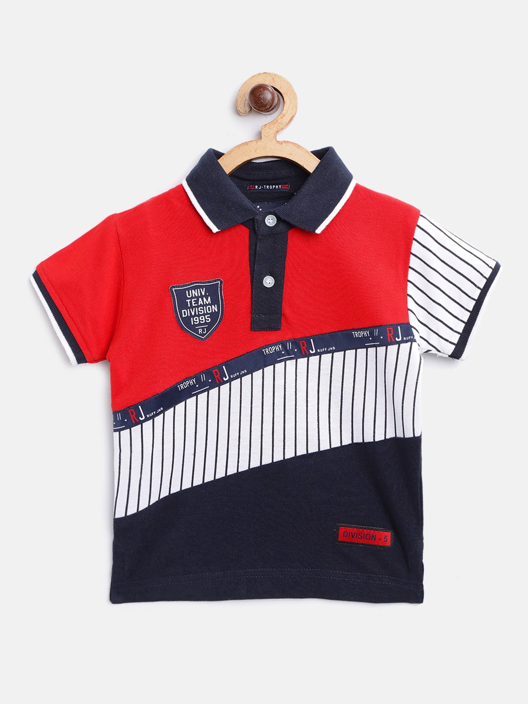 

RUFF Boys Red & Navy Blue Striped Polo Collar T-shirt with Colourblocked Detail