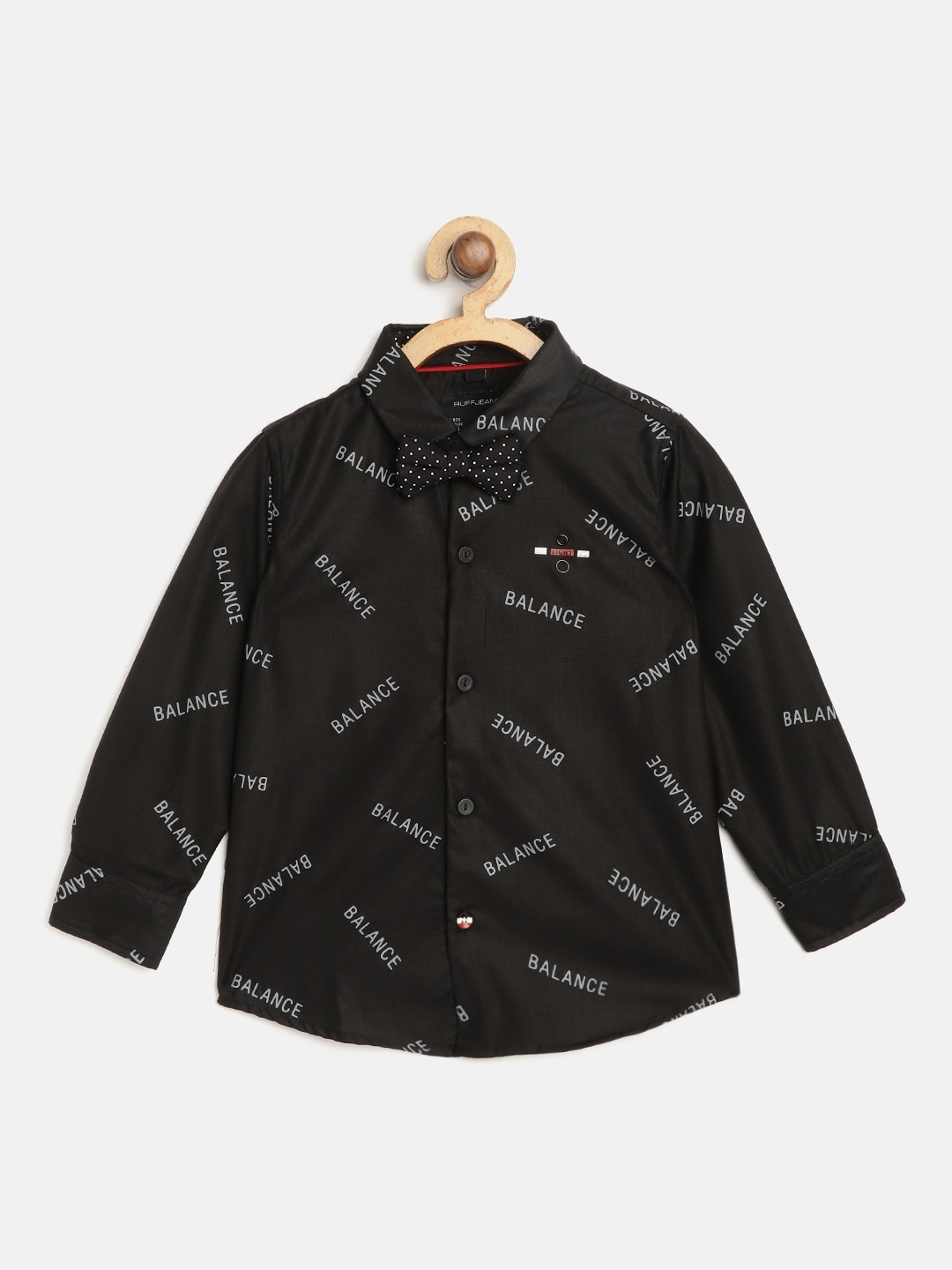 

RUFF Boys Black Slim Fit Typography Printed Casual Shirt with Bow Tie
