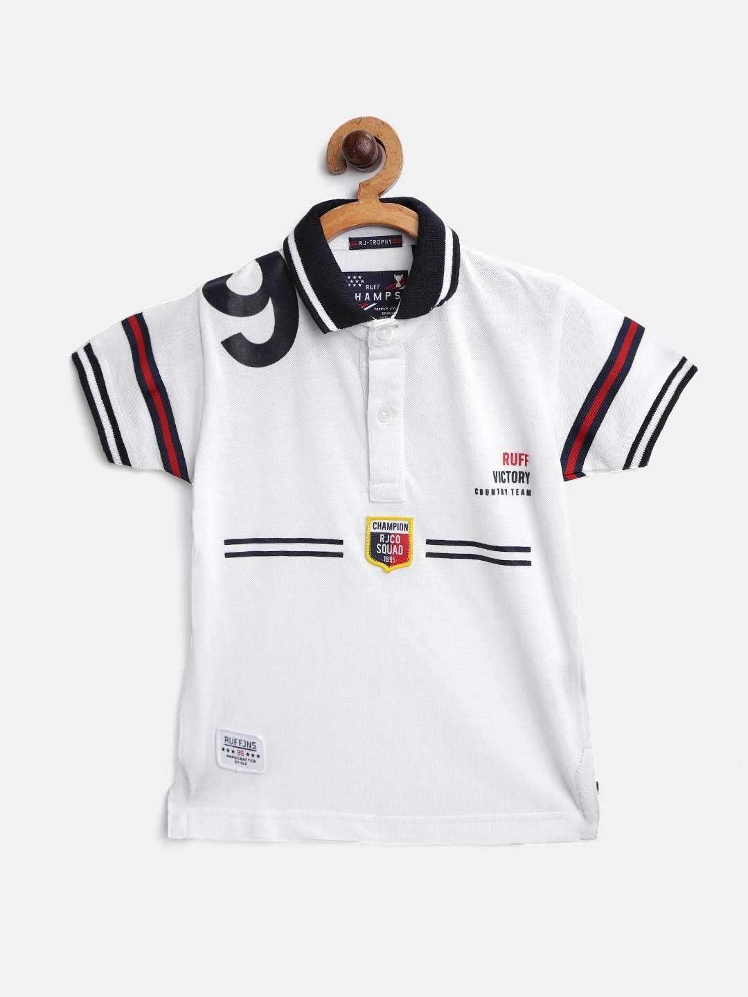 

RUFF Boys White Solid Polo Collar T-shirt with Applique & Printed Detail