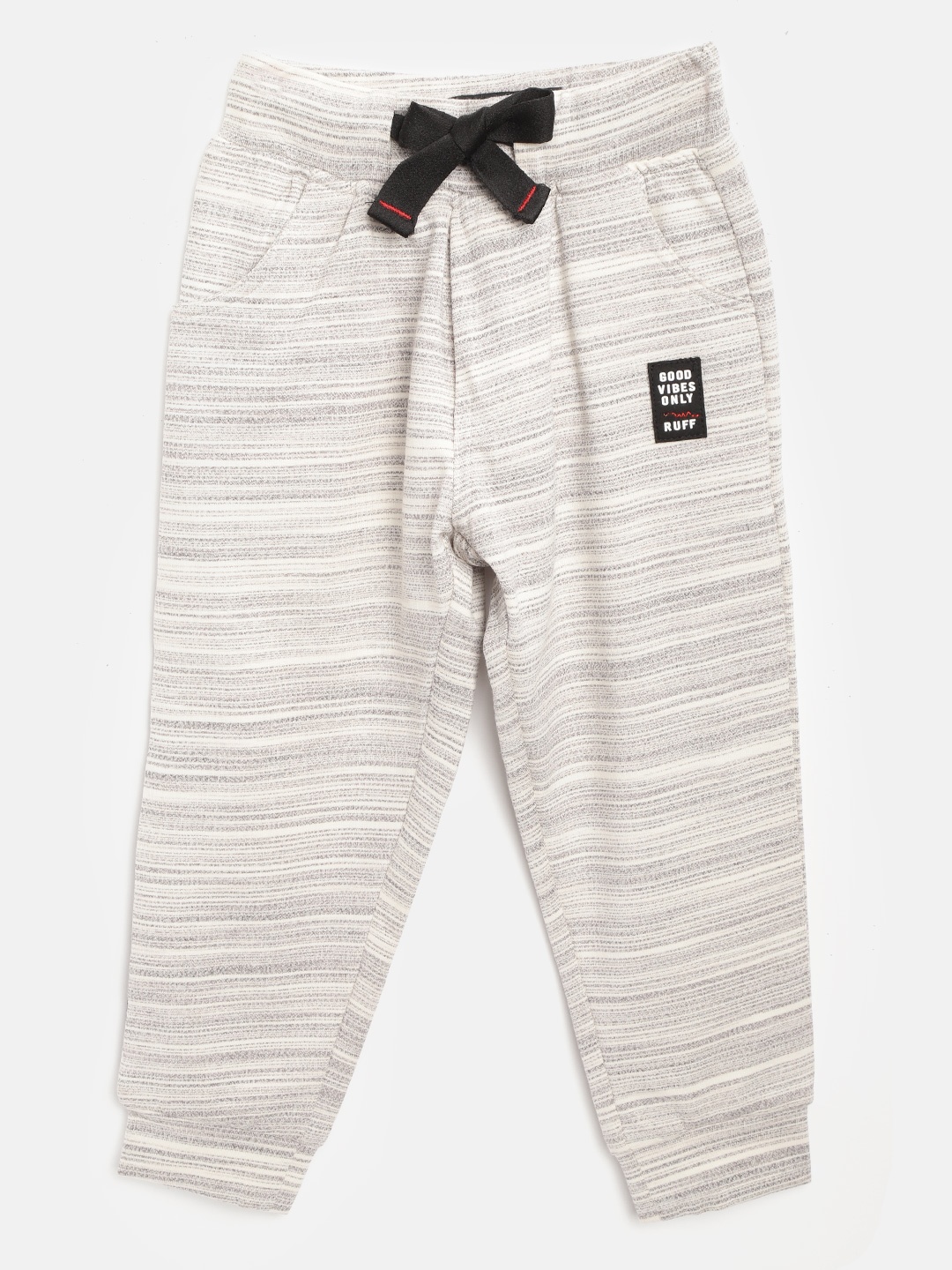 

RUFF Boys Off-White & Grey Striped Slim Fit Joggers with Side Taping Detail