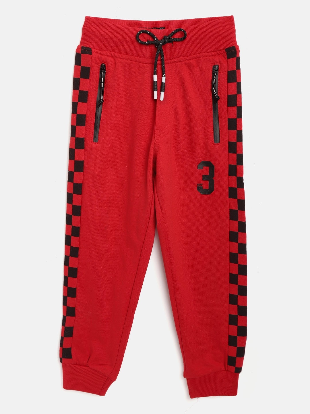 

RUFF Boys Red & Black Solid Slim Fit Joggers with Checked Side Stripe Detail