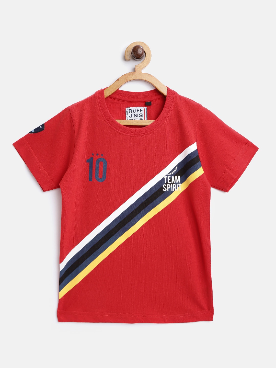 

RUFF Boys Red Navy Blue Striped Detail Round Neck Pure Cotton T-shirt