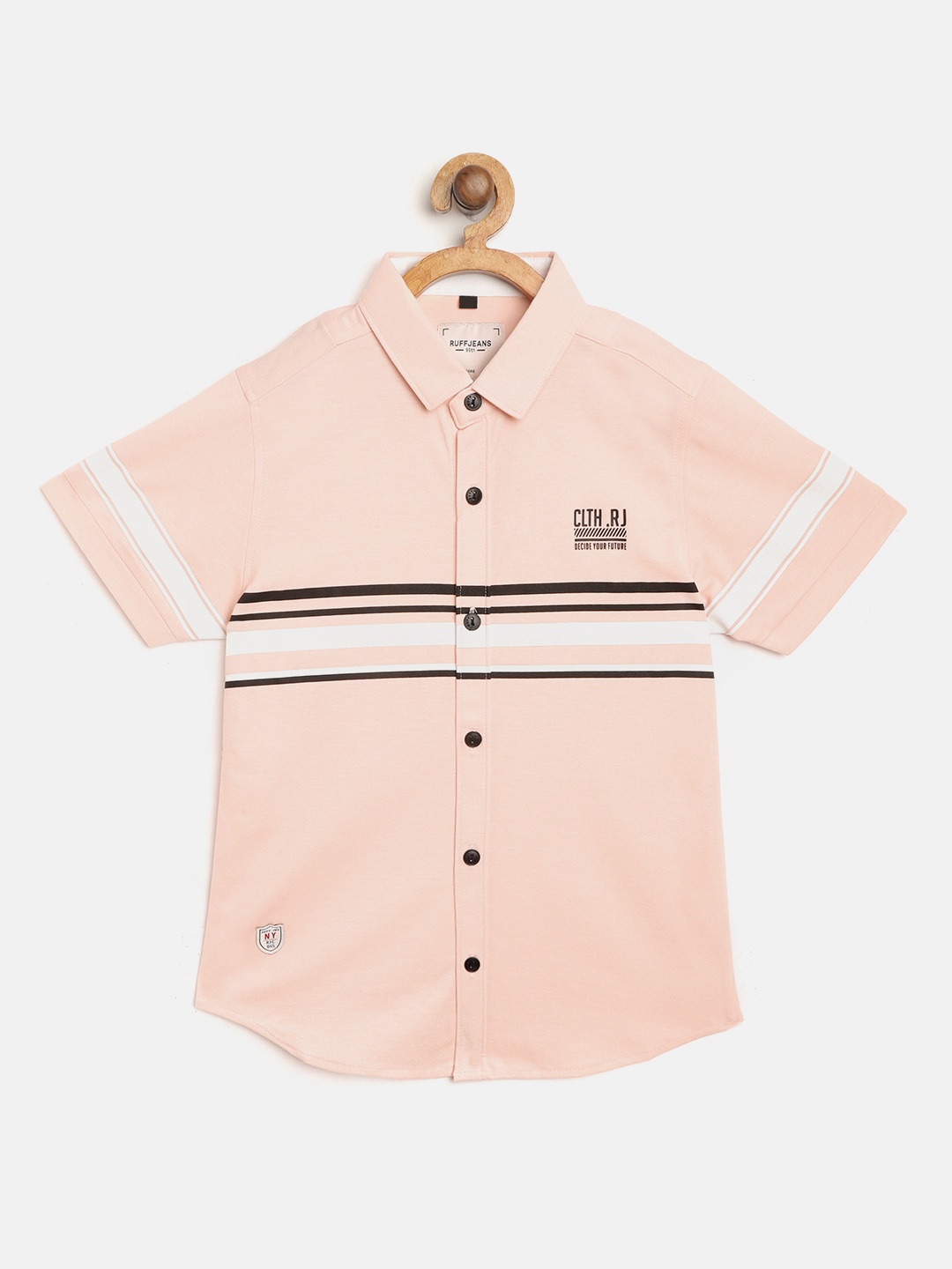 

RUFF Boys Peach-Coloured & White Slim Fit Striped Casual Shirt