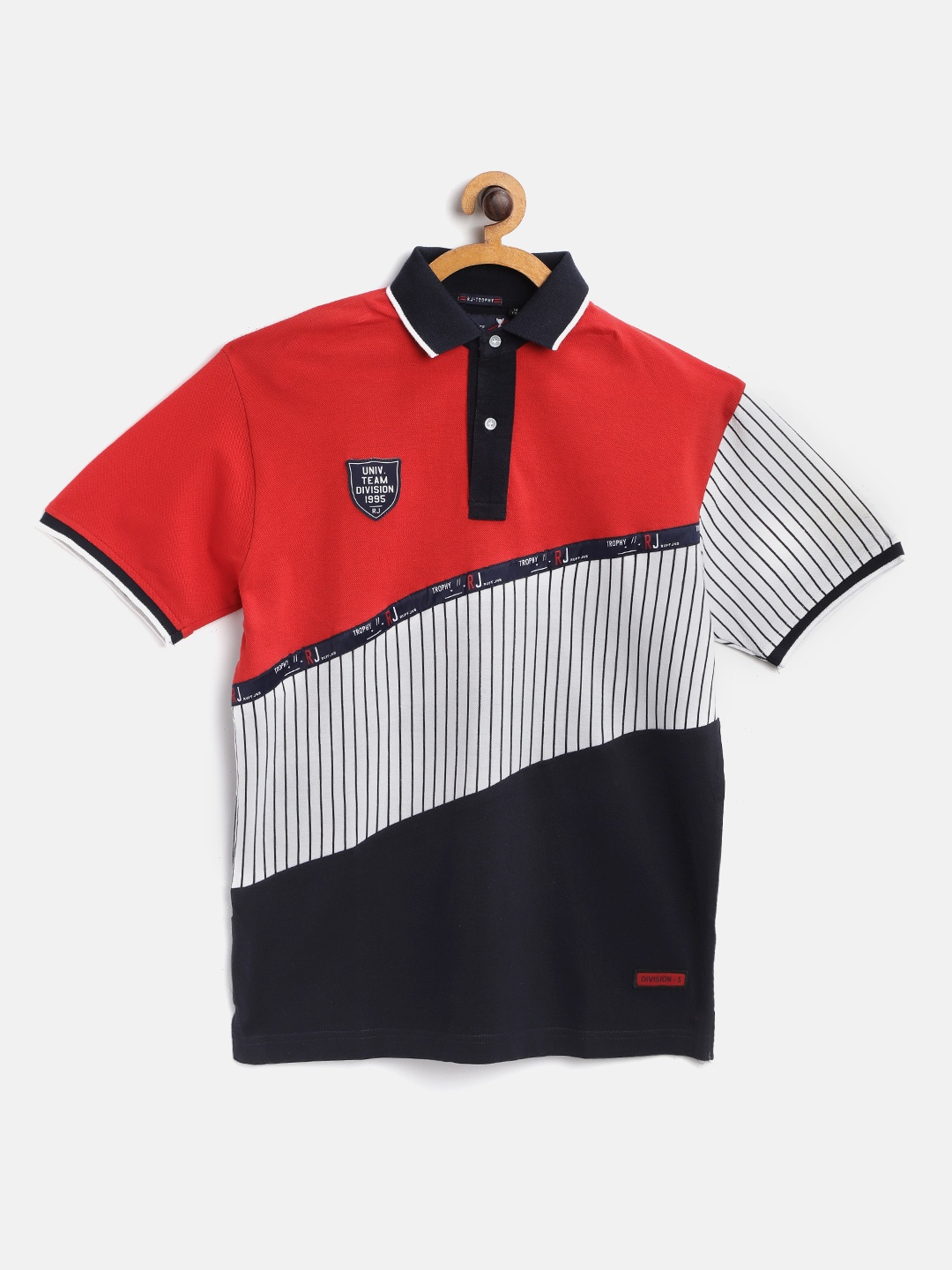 

RUFF Boys Navy Blue & Red Striped Polo Collar T-shirt