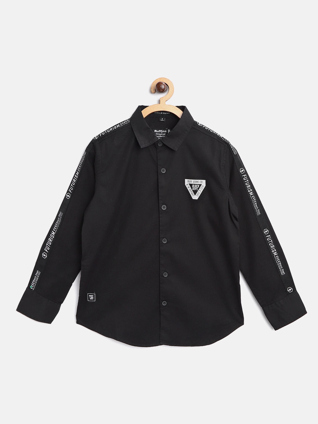

RUFF Boys Black Slim Fit Solid Casual Shirt with Side Taping Detail