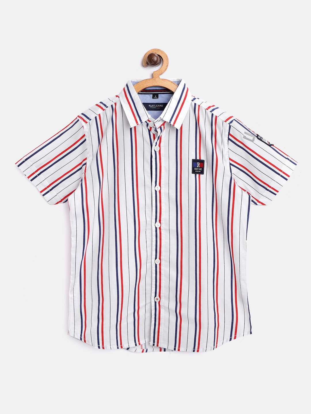 

RUFF Boys White & Red Slim Fit Striped Casual Shirt