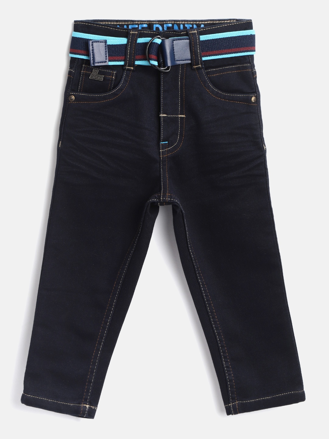 

RUFF Boys Navy Blue Slim Fit Mid-Rise Clean Look Stretchable Jeans with Belt