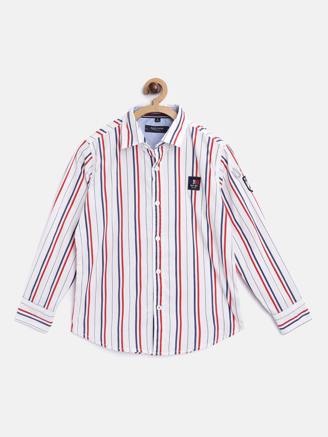 

RUFF Boys White & Red Slim Fit Striped Casual Shirt