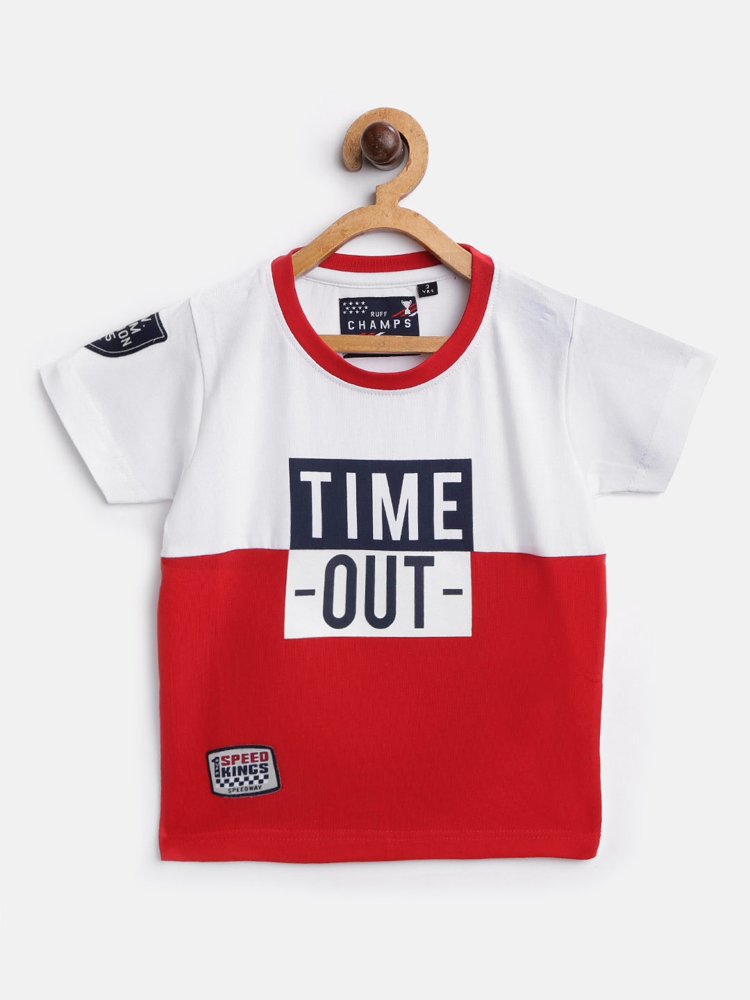 

RUFF Boys White & Red Colourblocked Round Neck T-shirt with Printed Detail